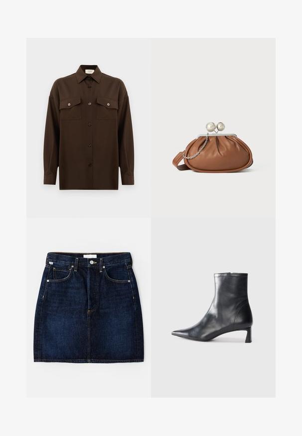 Tamno smeđa dugosleeve košulja s dugim rukavima i dugmadi, s dva džepa s preklopom na prsima i klasičnim ovratnikom, prikazana na jednostavnoj bijeloj pozadini.; Tamno plavi traper suknja s dizajnom od pet džepova, zlatnim šavovima i klasičnim krojem. Sadrži kopčanje na dugme i petlje za remen.; Crne kožne gležnjače s uskim vrhom i elegantnim dizajnom. Imaju niski potpetak i zatvaranje na patentni zatvarač straga. Glatka tekstura.; Smeđa kožna torbica s srebrnim kopčom u obliku kuglice i malim srebrnim lančićem na bijeloj pozadini.