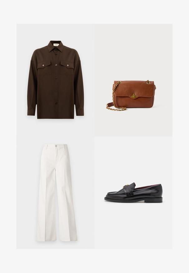 Donkerbruin langarm overhemd met knopen, voorzien van twee zakken met klep op de borst en een klassieke kraag, weergegeven tegen een effen witte achtergrond.; Witte wijde-broek gemaakt van katoen met een gladde textuur. Voorzien van een knoop aan de voorkant, ritsopening en vierzakkenontwerp.; Zwarte leren loafers met een gestikt patroon, een gladde textuur, gouden gesp details en een ronde neus, geplaatst op een lage zwarte zool.; Bruin leren schoudertas met een klepje, gouden hardware en een kettingband. Gladde textuur, rechthoekige vorm, minimale details.