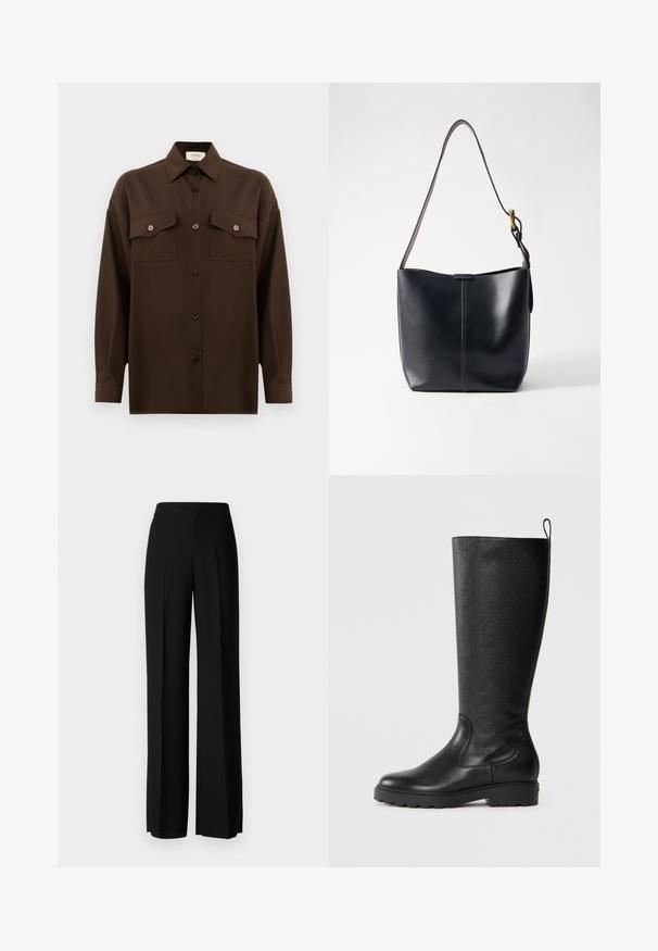 Chemise à manches longues brun foncé avec boutons, dotée de deux poches poitrine à rabat et d'un col classique, présentée sur un fond blanc uni.; Pantalons noirs à jambes larges avec une texture lisse, dotés d'une taille haute et de plis centraux. Pas de motifs visibles ni de détails en matériel.; Bottes noires montantes en cuir texturé, avec un bout arrondi, une semelle en caoutchouc robuste avec traction, et une languette en haut.; Sac à épaule en cuir noir avec une texture lisse, doté d'une fine bandoulière longue et d'un discret détail cousu au centre.