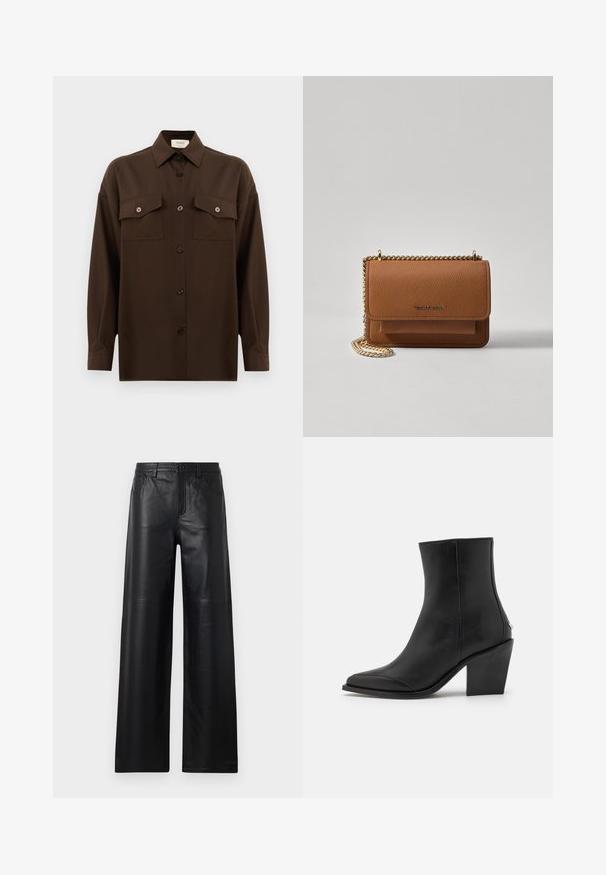 Tamno smeđa dugosleeve košulja s dugim rukavima i dugmadi, s dva džepa s preklopom na prsima i klasičnim ovratnikom, prikazana na jednostavnoj bijeloj pozadini.; Široke crne kožne hlače s glatkom teksturom, koje imaju prednje džepove, kopčanje na dugme i suptilne detalje šivanja.; Crne kožne gležnjače s izrezanom nosom, blok petom i suptilnim bočnim detaljima. Glatka tekstura s minimalističkim dizajnom.; Smeđa kožna torba preko tijela s teksturom, zlatnim lančićem i preklopom na zatvaranju. Na prednjoj strani nalazi se detalj s potpisom i džep ispod preklopa.