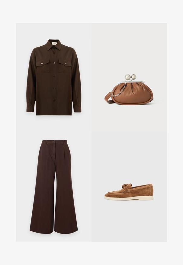 Dark brown long-sleeve button-up shirt with two flap chest pockets and a classic collar, displayed against a plain white background.; High-waist wide-leg brown pants with button and zipper closure, belt loops, and front pleats.; Brown suede loafers featuring a knotted bow accent, a low-profile design, and a contrasting cream rubber sole.; Brown leather clutch purse with silver ball clasp and a small silver chain detail on a white background.