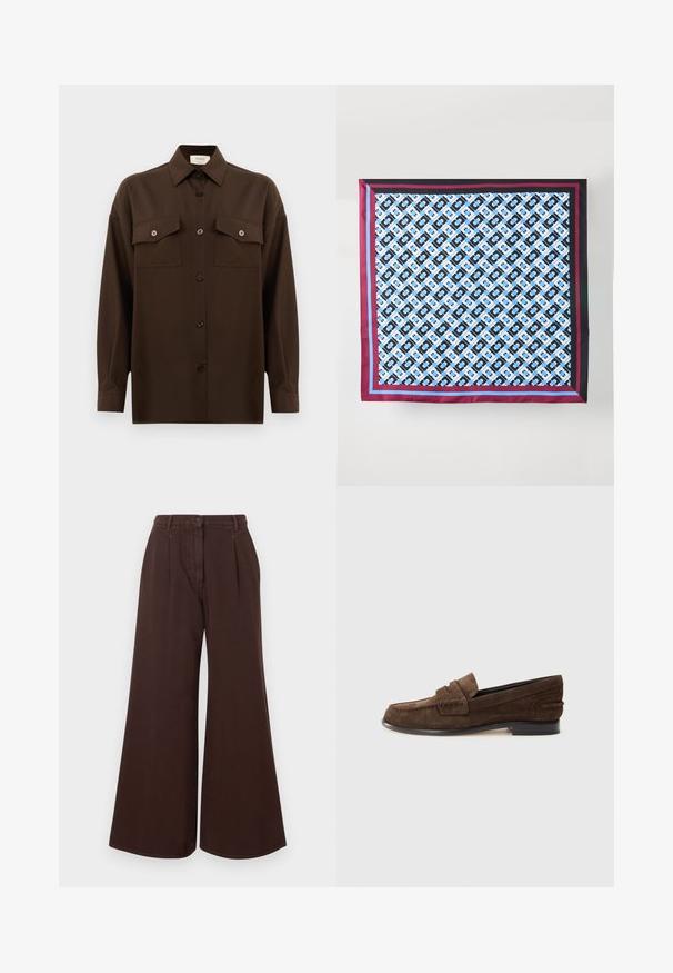 Dark brown long-sleeve button-up shirt with two flap chest pockets and a classic collar, displayed against a plain white background.; High-waist wide-leg brown pants with button and zipper closure, belt loops, and front pleats.; Brown suede loafers with a low heel, featuring a stitched apron design and a smooth interior lining. Side accents add texture.; Silk scarf featuring a repeating blue and black pattern on a white background, framed with maroon and blue stripes along the edges.; Brown leather handbag with a curved shape, single strap, and minimalistic design. Features a subtle logo and gold hardware accents.