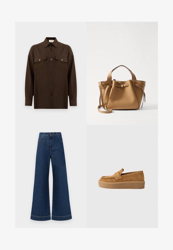 Tmavohnedá košeľa s dlhým rukávom, na gombíky, s dvoma vreckami na hrudi a klasickým golierom, umiestnená na jednoduchom bielom pozadí.; Modré denimové nohavice so širokými nohavicami a vysokým pásom, ktoré majú gombíkový zapínanie, pútka na opasok a jemné švy pozdĺž vreciek a lemov.; Hnedé semišové mokasíny s okrúhlym špičkou, s rebrovanou platformovou podrážkou a dekoratívnym pásikom cez hornú časť.; Tory Burch ROMY PEBBLED SATCHEL - Kabelka - tiramisu