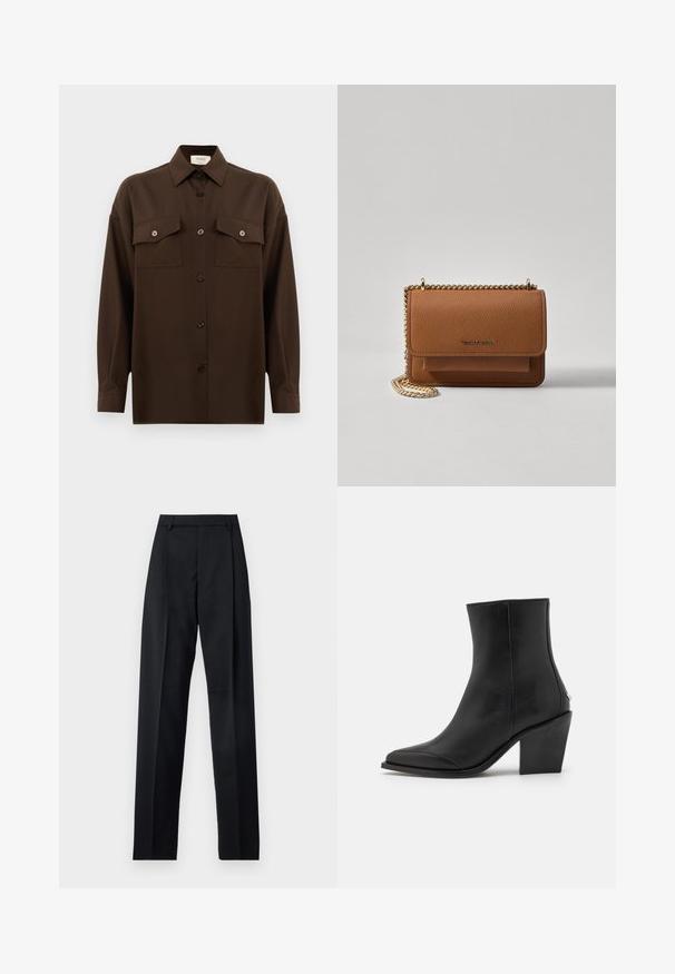 Ciemnobrązowa, długa koszula z guzikami, z dwiema kieszeniami na klatce piersiowej i klasycznym kołnierzykiem, zaprezentowana na jednolitym białym tle.; Czarne spodnie wykonane z gładkiego materiału, z wysokim stanem, szerokimi nogawkami, fałdami z przodu i klasycznymi szlufkami na pasek. Brak widocznych kieszeni bocznych.; Czarne skórzane botki za kostkę z ostrym noskiem, na blokowym obcasie i subtelnymi detalami po bokach. Gładka tekstura z minimalistycznym designem.; Brązowa skórzana torba na ramię z teksturą, z złotym łańcuszkiem i zapięciem na klapkę. Z przodu znajduje się detal z logo oraz kieszeń pod klapką.