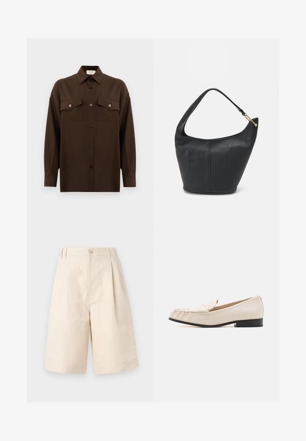 Chemise à manches longues brun foncé avec boutons, dotée de deux poches poitrine à rabat et d'un col classique, présentée sur un fond blanc uni.; Shorts en lin beige avec une coupe décontractée, présentant une fermeture à bouton, un design plissé et une longueur à mi-genou. Texture lisse et style simple.; MICHAEL Michael Kors CARLSON LOAFER - Chaussons - light cream; Sac à main en cuir noir avec une forme arrondie, une large bandoulière et une finition texturée. Présente un détail de couture subtil et un accent en métal doré.
