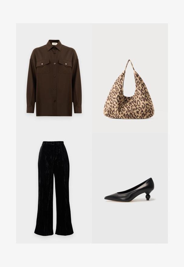 Dunkelbraunes Langarmhemd mit Knopfleiste, zwei Brusttaschen mit Klappe und klassischem Kragen, vor einem schlichten weißen Hintergrund präsentiert.; Schwarze Samt-Hosenträger mit weicher Textur, featuring eine hohe Taille und subtile vertikale Streifen. Maßgeschneidert für einen lässigen Sitz.; Schwarze Leder-Pumps mit spitzem Zehenbereich und runder, ballförmiger Ferse. Glatte Textur mit einem eleganten, minimalistischen Design.; Tasche im Leopardenmuster aus weichem Material, mit einer einzigartigen dreieckigen Form, großem offenen Griff und glatter Textur.