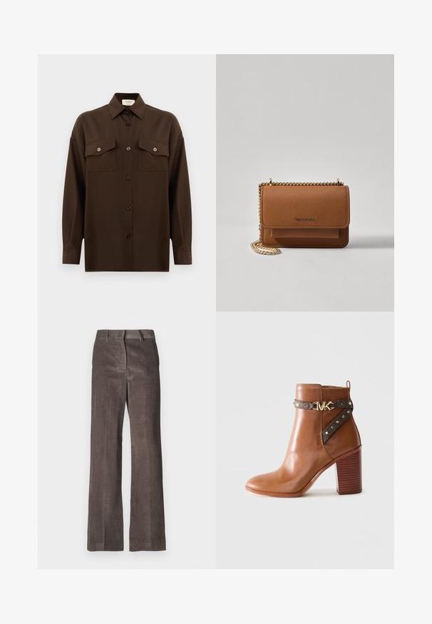 Tamsiai rudas ilgarankovis mygtukų marškiniai su dviem kišenėmis ant krūtinės ir klasikiniais apykakle, pristatomas prieš paprastą baltą foną.; Rudi akskomandų kelnės, turinčios tiesios kojos dizainą, vertikalią raibą tekstūrą ir standartinį liemenį su diržo kilpomis.; Ruda odinė kulkšninė batai su sluoksniuoto blokinio kulno, šonine dirželiu su auksiniais skaidriomis ir auksiniu "MK" logotipo sagtimi.; Ruda tekstūruota odinė per petį nešama rankinė su auksiniu grandininiu dirželiu ir užlenkiamo užsegimo. Priekinėje pusėje yra logotipo detalė ir kišenė po užlenkimu.