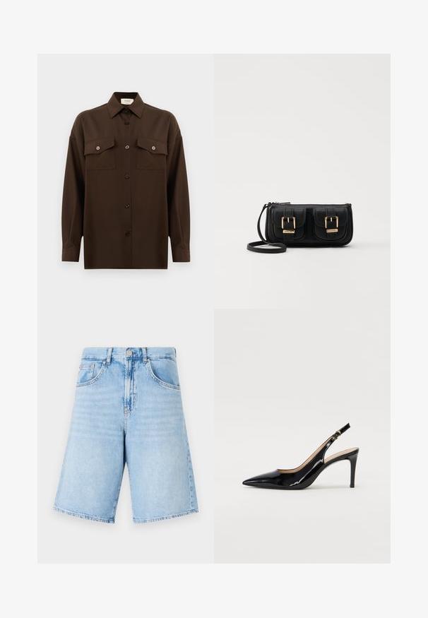 Tamsiai rudas ilgarankovis mygtukų marškiniai su dviem kišenėmis ant krūtinės ir klasikiniais apykakle, pristatomas prieš paprastą baltą foną.; Šviesiai mėlyni džinsiniai šortai su aukštu liemeniu, turintys dvi priekines kišenes, mygtuko užsegimą ir tiesias, plačias kojenes. Lengvas išblukimas visame šorte.; Juodas lakinės odos slingback batelis su smailiu nosiu, plonu kulnu ir subtiliu išpjovos dizainu. Yra auksinė sagtis ant dirželio.; Juodas odinis per petį nešiojamas krepšys su dviem priekiniais kišenėmis, auksiniais sagtimis, užtrauktuko uždarymu ir siauromis petnešomis. Textūruota paviršius ir kompaktiškas stačiakampis formatas.