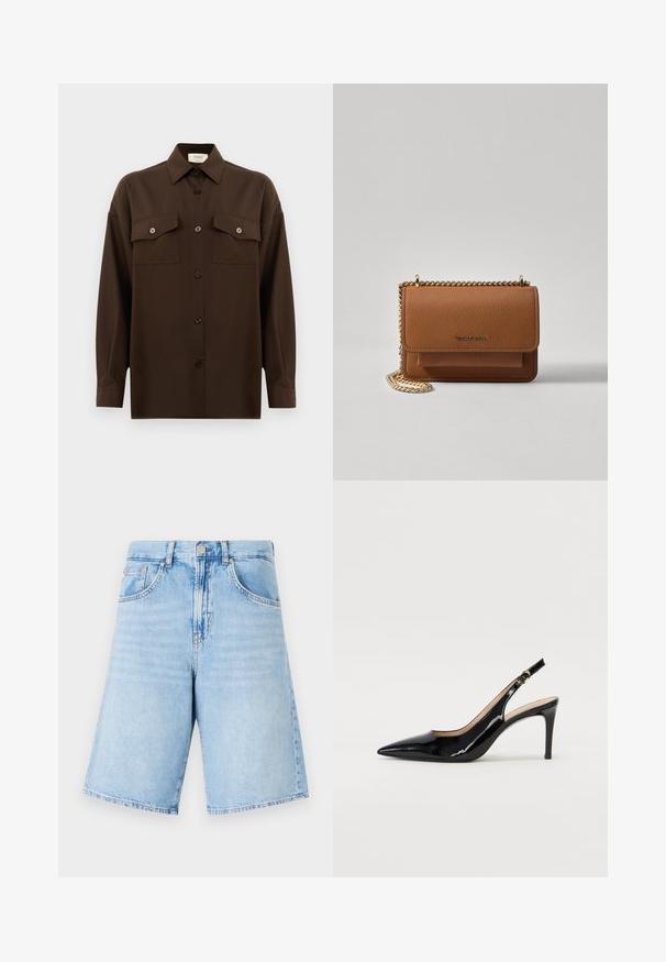 Camisa de botões de manga longa castanho-escuro, com dois bolsos de aba no peito e um colarinho clássico, apresentada contra um fundo branco liso.; Calções de ganga azul claro com uma cintura alta, apresentando dois bolsos frontais, fecho por botão e pernas retas e largas. Desgaste leve por todo o lado.; Sandal com salto em verniz preto, bico fino, salto esguio e um design de recorte subtil. Apresenta uma fivela dourada na alça.; Bolsa crossbody de couro texturizado castanho com alça de corrente dourada e fecho com aba. A parte da frente apresenta detalhe do logótipo e um bolso sob a aba.