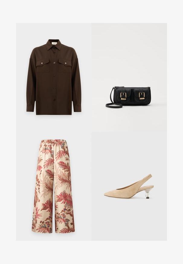 Chemise à manches longues brun foncé avec boutons, dotée de deux poches poitrine à rabat et d'un col classique, présentée sur un fond blanc uni.; Pantalons larges en tissu beige clair, avec un motif floral dans des nuances de rose, rouge et bleu, dotés d'une taille élastique.; Chaussure slingback en suède beige avec un nez pointu et un talon transparent et arrondi. Texture lisse et design minimaliste.; Sac en cuir noir porté en travers avec deux poches avant, boucles dorées, fermeture zippée et une sangle fine. Surface texturée et forme rectangulaire compacte.
