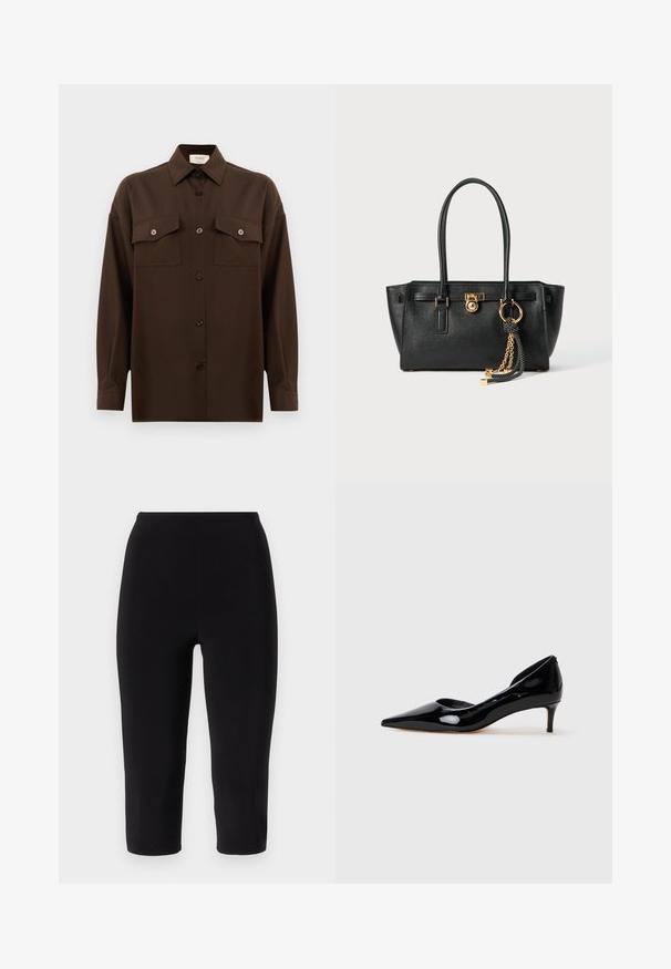 Tmavohnedá košeľa s dlhým rukávom, na gombíky, s dvoma vreckami na hrudi a klasickým golierom, umiestnená na jednoduchom bielom pozadí.; Čierne capri legíny vyrobené z elastického materiálu, s vysokým pásom a priliehavým strihom, bez viditeľných švov alebo vzorov.; Čierne lakované dámske topánky s ostrou špičkou a nízkym podpätkom, zobrazené v profile na jednoduchom svetlosivom pozadí.; Čierna kožená kabelka s dvojitými uchami, zlatým zámkom a reťazovým detailom, a čierno-bielym strapcom na bielom pozadí.