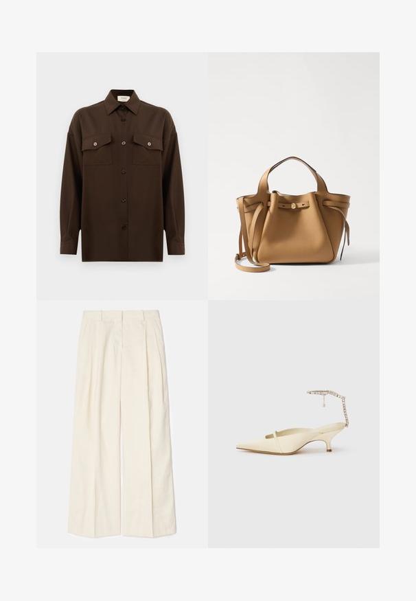 Tmavohnedá košeľa s dlhým rukávom, na gombíky, s dvoma vreckami na hrudi a klasickým golierom, umiestnená na jednoduchom bielom pozadí.; Široké nohavice z mäkkej, svetlej krémovej tkaniny. Majú predné skladby, púzdra na opasok a hladkú textúru. Strih je upravený s čistým ukončením.; Krémové lodičky s úzkym predným popruhom a ozdobným členkovým remienkom na bielom pozadí.; Tory Burch ROMY PEBBLED SATCHEL - Kabelka - tiramisu