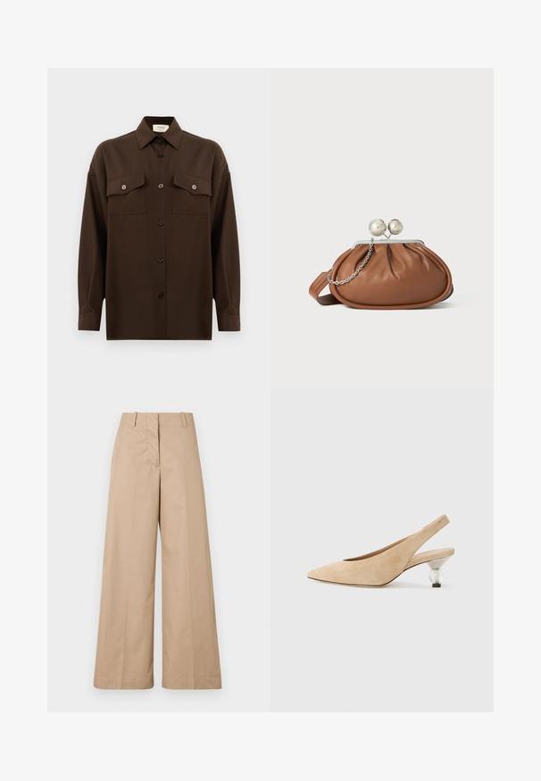 Temno rjav srajca z dolgimi rokavi na gumbe, z dvema žepoma na prsih in klasičnim ovratnikom, prikazana na enotni beli podlagi.; Bež hlače širokega kroja iz gladkega bombaža, z oblikovanim pasom in ravnim sprednjim delom, zasnovane za sproščen fit in čiste linije.; Bežna suknja s peto s prozornim, okruglim petom. Gladak tekstura in minimalističen dizajn.; Rjava usnjena torbica z srebrnim krogličnim zapiranjem in majhno srebrno verigo na beli podlagi.