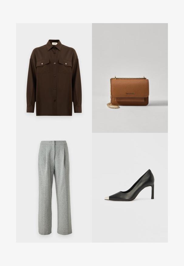 Dark brown long-sleeve button-up shirt with two flap chest pockets and a classic collar, displayed against a plain white background.; Gray, high-waisted trousers made of a soft, textured fabric. Features two front pleats and a straight-leg design, with a button closure.; Black leather high heel shoe with a pointed toe and a metallic silver cap. Features a smooth finish and a slender 10 cm heel.; Brown textured leather crossbody bag with gold chain strap and flap closure. Front features logo detail and a pocket under the flap.