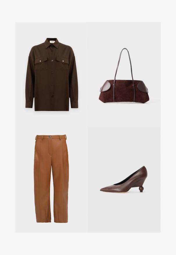 Chemise à manches longues brun foncé avec boutons, dotée de deux poches poitrine à rabat et d'un col classique, présentée sur un fond blanc uni.; Pantalons en simili cuir marron avec une coupe droite, des détails de couture à l'avant, deux passants de ceinture et une fermeture par un bouton unique à la taille.; Pompe compensée en cuir marron avec un bout pointu et un talon arrondi en forme de boule. Texture lisse avec un design simple et des accents minimaux.; Sac en daim marron avec des accents en cuir, forme structurée, double poignées, bords arrondis, présentant une texture lisse et un matériel minimal.