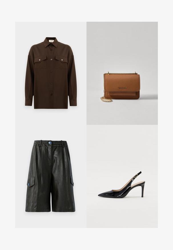 Cămașă lungă, cu mâneci lungi, de culoare maro închis, cu două buzunare frontale cu clapetă și guler clasic, expusă pe un fundal alb simplu.; Pantaloni scurți cargo negri din piele cu talie elastică, având două buzunare laterale, un fermoar frontal și un accent cu un buton albastru.; Pantofi slingback din piele patent neagră, cu vârful ascuțit, tocul subțire și un design discret cu decupaj. Se evidențiază printr-un cataramă aurie pe curea.; Geantă crossbody din piele texturată maro, cu curea din lanț aurit și închidere cu clapetă. Partea din față prezintă detalii cu logo și o buzunar sub clapetă.