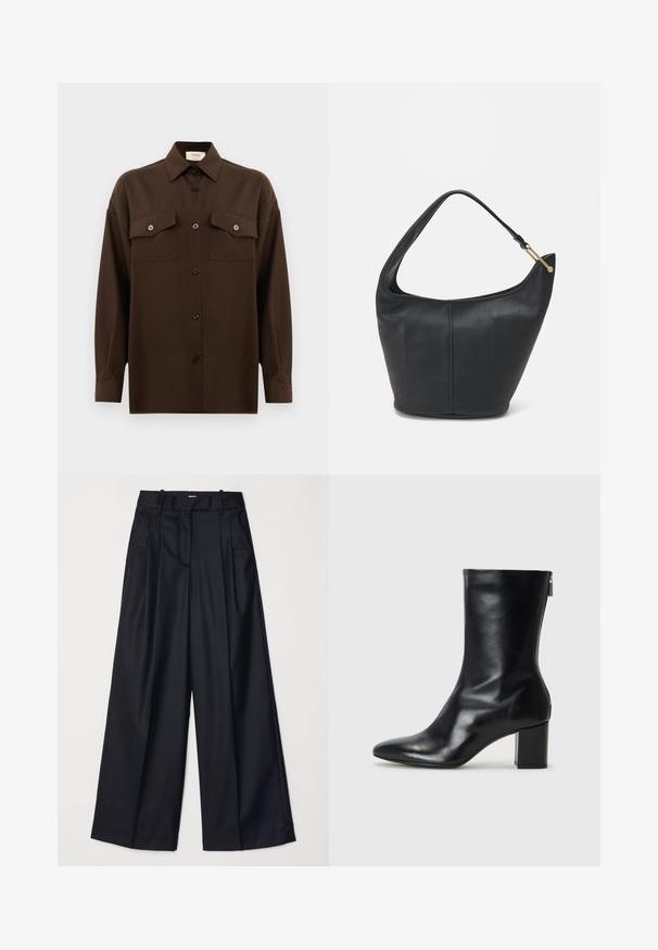 Dunkelbraunes Langarmhemd mit Knopfleiste, zwei Brusttaschen mit Klappe und klassischem Kragen, vor einem schlichten weißen Hintergrund präsentiert.; Schwarze weit geschnittene Hosen aus glattem Stoff, mit hoher Taille, Falten und einer taillierten Passform. Einfaches schwarzes Zubehör an der Taille.; Schwarze Leder-Ankle-Boots mit spitzer Zehe und 4 cm Blockabsatz. Schlankes Design mit einem seitlichen Reißverschluss für einfaches Anziehen. Glatte Textur.; Schwarze Lederhandtasche mit abgerundeter Form, breitem Tragegurt und strukturiertem Finish. Besitzt eine subtile Nahtdetails und einen Akzent aus goldfarbenem Metall.