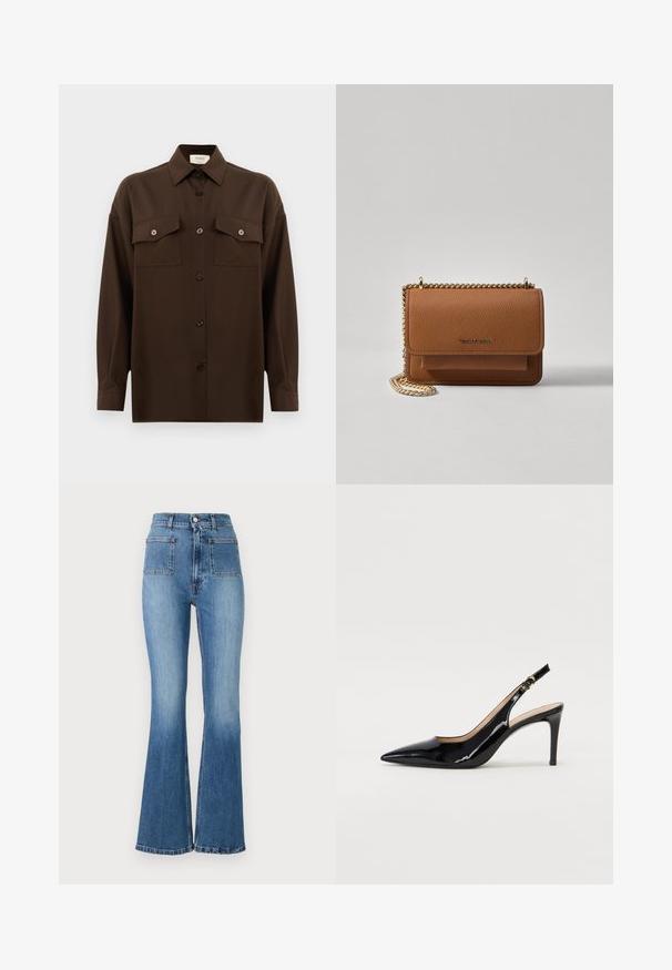 Dark brown long-sleeve button-up shirt with two flap chest pockets and a classic collar, displayed against a plain white background.; Flared blue denim jeans with a high waist, featuring two back pockets and a faded wash. Hem is stitched with a subtle design.; Black patent leather slingback pump with pointed toe, slim heel, and a subtle cutout design. Features a gold buckle on the strap.; Brown textured leather crossbody bag with gold chain strap and flap closure. Front features logo detail and a pocket under the flap.