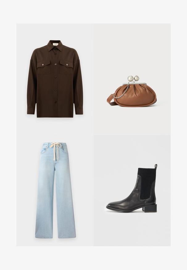 Camisa de manga larga de color marrón oscuro con botones, dos bolsillos en el pecho con solapa y un cuello clásico, exhibida contra un fondo blanco liso.; Jeans de pierna ancha azul claro fabricados en denim, con cintura elástica y diseño clásico de cinco bolsillos con un desvanecimiento minimal.; Botín de cuero negro hasta el tobillo con panel elástico negro acanalado, punta cuadrada y tacón bajo con bloque. Textura suave con detalles de costura mínimos.; Bolso de mano de cuero marrón con cierre de bola plateada y un pequeño detalle de cadena plateada sobre un fondo blanco.
