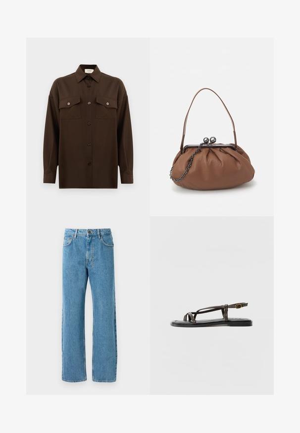 Camisa de botões de manga longa castanho-escuro, com dois bolsos de aba no peito e um colarinho clássico, apresentada contra um fundo branco liso.; Jenas de ganga azul claro com um corte largo, apresentando uma cintura alta, quatro bolsos e um fecho de correr. Design clássico de cinco bolsos.; Sandalha de couro castanho com tiras cruzadas, fivela no tornozelo ajustável, sola plana e uma textura suave na palmilha.; Bolsa de mão em couro castanho com um design franzido, uma alça curta em couro e uma alça de corrente. Apresenta um fecho de metal prateado com dois detalhes redondos.