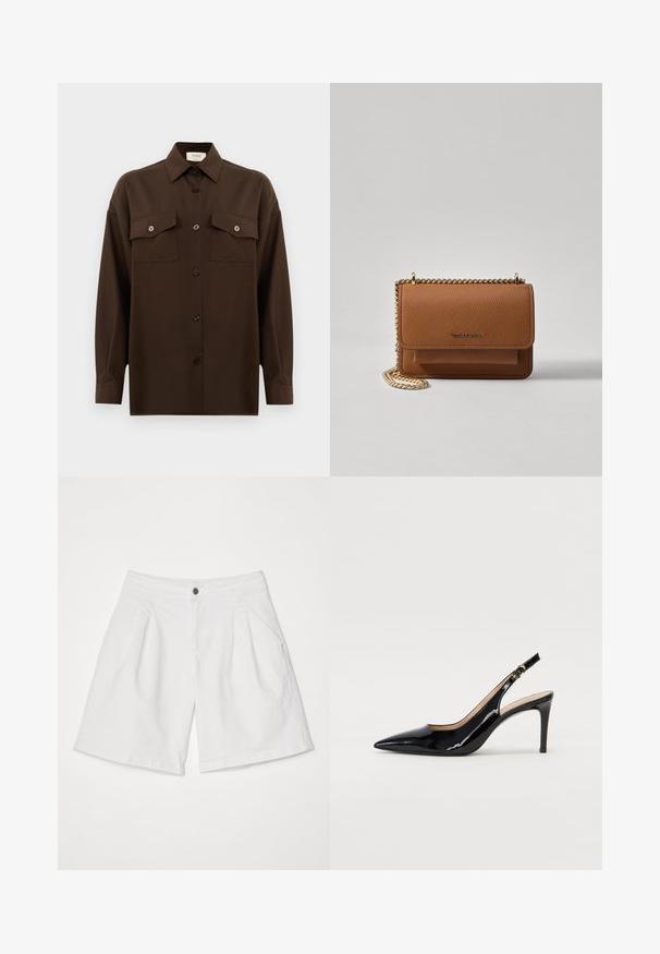 Tamno smeđa dugosleeve košulja s dugim rukavima i dugmadi, s dva džepa s preklopom na prsima i klasičnim ovratnikom, prikazana na jednostavnoj bijeloj pozadini.; Bijele traperice kratke hlače s plisiranim prednjim dijelom, s bočnim džepovima i jednim crnim gumbom za zatvaranje u struku.; Crne lakirane slingback cipele s oštrim vrhom, uskim potpeticama i suptilnim izrezom. Sadrže zlatnu kopču na traku.; Smeđa kožna torba preko tijela s teksturom, zlatnim lančićem i preklopom na zatvaranju. Na prednjoj strani nalazi se detalj s potpisom i džep ispod preklopa.
