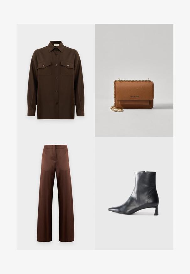 Tumma ruskea pitkähihainen napitettava paita, jossa on kaksi läpällistä rintataskua ja klassinen kaulus, esiteltynä yksinkertaista valkoista taustaa vasten.; Ruskeat leveälahkeiset housut, jotka on valmistettu sileästä, kevyestä kankaasta. Housuissa on tasainen etuosa, ei taskuja ja suora siluetti.; Musta nahkainen nilkkabotti, jossa on teräväkärkinen muotoilu ja tyylikäs design. Varusteena matala korko ja takana vetoketjukiinnitys. Sileä pinta.; Ruskean teksturoidun nahkasta valmistettu crossbody-laukku, jossa on kultaketjuhihna ja läppäkiinnitys. Edessä on logodetail ja tasku läppäisen alla.