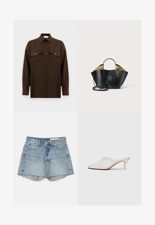 Dark brown long-sleeve button-up shirt with two flap chest pockets and a classic collar, displayed against a plain white background.; rag & bone VINTAGE CUT OFF SHORT - Denim shorts - solanajewe; White mesh pointed-toe mule with a slim mid-height heel and slip-on design against a plain background.; Black and gray snakeskin pattern handbag with a structured design, dual handles, and an adjustable shoulder strap. Features a beige interior.