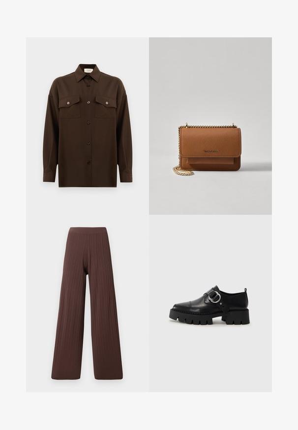Tamsiai rudas ilgarankovis mygtukų marškiniai su dviem kišenėmis ant krūtinės ir klasikiniais apykakle, pristatomas prieš paprastą baltą foną.; Plačios kojos kelnes tamsiai rudos juostos audinyje, su aukšta juosmens linija ir laisvu siluetu, pabrėžiančiu tekstūrą ir tūrį.; Juodos odinės bateliai su masyviu, grioveliuotu padu, su apvaliu sidabro detalės akcentu ir minimaliais siuvimo elementais.; Ruda tekstūruota odinė per petį nešama rankinė su auksiniu grandininiu dirželiu ir užlenkiamo užsegimo. Priekinėje pusėje yra logotipo detalė ir kišenė po užlenkimu.