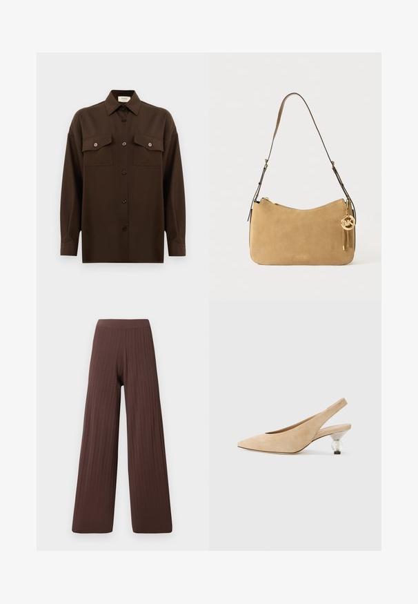 Camisa de botões de manga longa castanho-escuro, com dois bolsos de aba no peito e um colarinho clássico, apresentada contra um fundo branco liso.; Calças largas em tecido ribbed castanho escuro, com uma cintura alta e uma silhueta fluida, destacando a textura e o volume.; Sapato slingback em camurça bege com bico apontado e um salto arredondado transparente. Textura suave e design minimalista.; Bolsa de ombro em camurça bege com um formato curvado, ferragens douradas e fecho de zipper. Apresenta um charme anexado com as iniciais "MK."