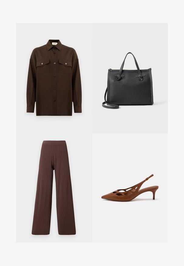 Tmavohnedá košeľa s dlhým rukávom, na gombíky, s dvoma vreckami na hrudi a klasickým golierom, umiestnená na jednoduchom bielom pozadí.; Široké nohavice z tmavohnedej rebrovanej tkaniny, s vysokým pásom a splývavým strihom, zdôrazňujúcim textúru a objem.; Hnedá kožená slingback obuv na podpätku s špicatou špičkou, výrezovým dizajnom a prešívanými detailmi. Obsahuje štíhly podpätok a nastaviteľný remienok.; Čierna kožená taška s textúrovaným povrchom, obdĺžnikový tvar, dve horné rúčky a odnímateľný ramenný popruh. Detail kontrastného šitia.