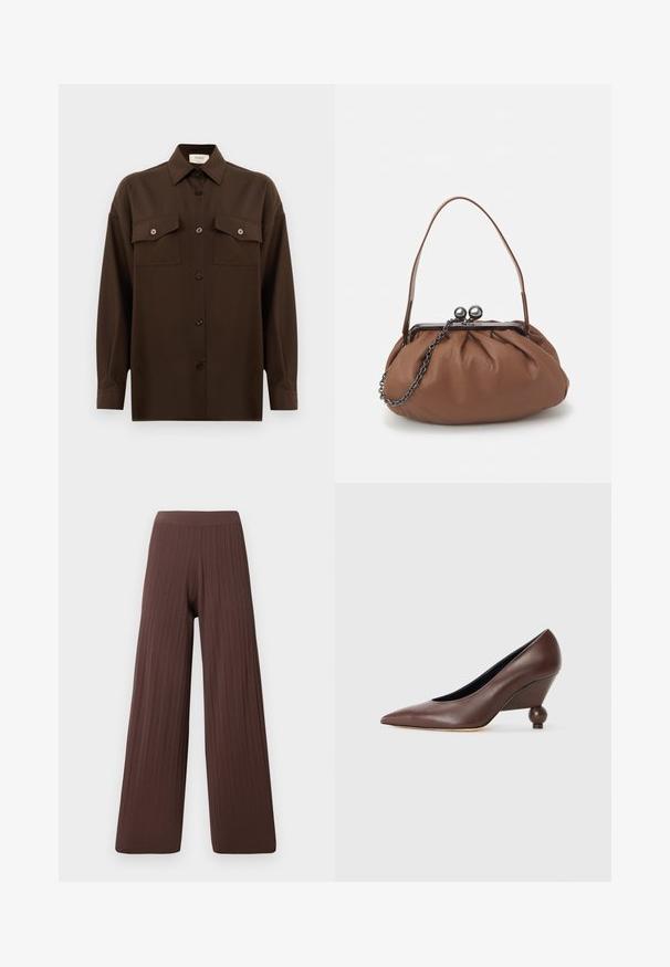 Dark brown long-sleeve button-up shirt with two flap chest pockets and a classic collar, displayed against a plain white background.; Wide-leg pants in dark brown ribbed fabric, featuring a high waistband and flowing silhouette, emphasizing texture and volume.; Brown leather wedge pump with a pointed toe and a rounded, ball-shaped heel. Smooth texture with a simple design and minimal accents.; Brown leather handbag with a gathered design, a short leather handle, and a chain strap. Features a silver metal clasp with two round accents.