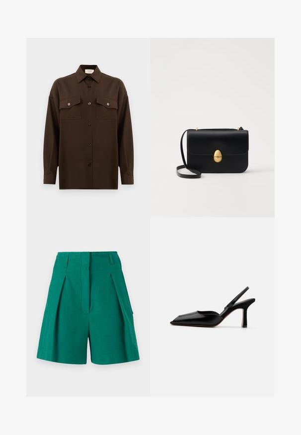 Tamsiai rudas ilgarankovis mygtukų marškiniai su dviem kišenėmis ant krūtinės ir klasikiniais apykakle, pristatomas prieš paprastą baltą foną.; Žalios šortai su tekstūriniu audiniu, raukšlėmis ir šoninėmis kišenėmis. Dizainas yra pritaikytas su aukštu liemeniu ir tiesiu pjūviu.; Juodas odinis slingback kulnas su smailiu nosiu, minimalizmo stilius, plonas kulkšnies dirželis ir elegantiškas stiletto kulnas. Lygus paviršius.; Juodas odinis rankinukas su struktūrine stačiakampio forma. Yra auksinė ovali sagtis ir plona petneša. Glotni tekstūra.