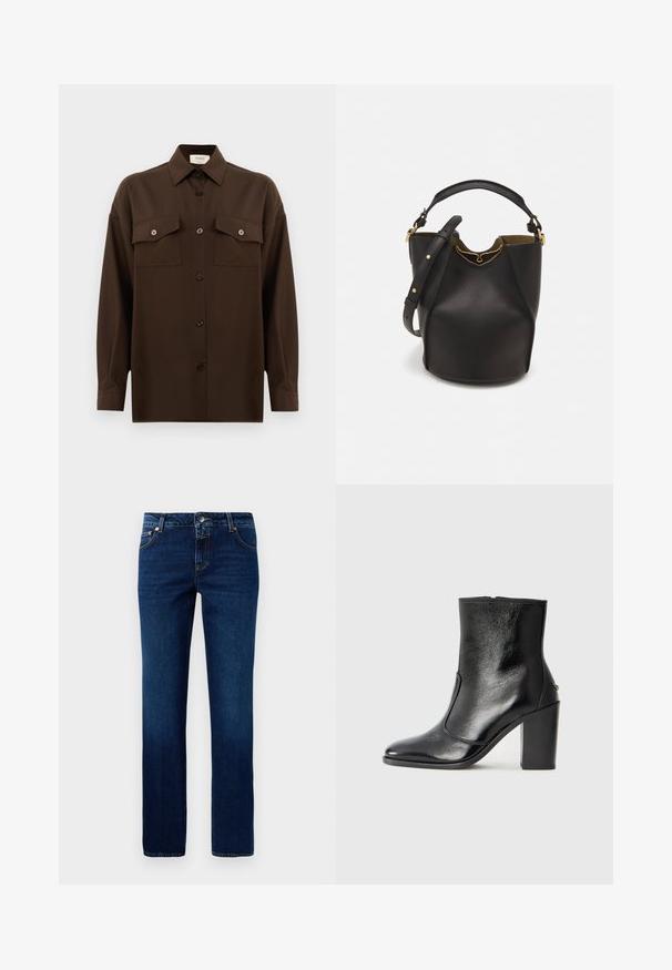 Tamsiai rudas ilgarankovis mygtukų marškiniai su dviem kišenėmis ant krūtinės ir klasikiniais apykakle, pristatomas prieš paprastą baltą foną.; Tamsiai mėlynos džinsinės kelnės su tiesiu kirpimu, turinčios klasikinį diržą, penkis kišenes ir subtilius siuvimo akcentus ant siūlių.; Juodas odinis kulkšninis batas su lygiu paviršiumi, smailiu pirštu ir masyviu aukštu kulnu. Savybė - šoninis atidarymas ir minimalistiškas dizainas.; Juodas odinis kibiro tipo krepšys su tekstūruotu paviršiumi, auksiniais detalėmis ir atvira viršūne. Yra trumpa rankena ir reguliuojama petneša.