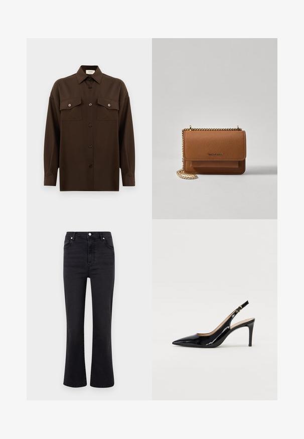 Ciemnobrązowa, długa koszula z guzikami, z dwiema kieszeniami na klatce piersiowej i klasycznym kołnierzykiem, zaprezentowana na jednolitym białym tle.; Czarne dżinsy w typie dzwonów z wysokim stanem, wykonane z denimu. Posiadają przednie kieszenie, zapięcie na guzik oraz gładką teksturę.; Czarne lakierowane szpilki typu slingback z szpiczastym noskiem, smukłym obcasem i subtelnym wycięciem. Posiadają złotą klamrę na pasku.; Brązowa skórzana torba na ramię z teksturą, z złotym łańcuszkiem i zapięciem na klapkę. Z przodu znajduje się detal z logo oraz kieszeń pod klapką.