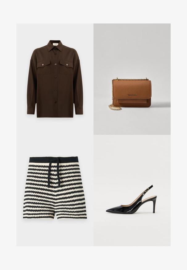 Mørkebrun langærmet skjorte med knaplukning, to brystlommer med klap og en klassisk krave, præsenteret mod en helt hvid baggrund.; CLOSED Shorts - black; Sort patenteret læder slingback stiletto med spids tå, slank hæl og et subtilt udskæringsdesign. Har en gylden spænde på remmen.; Brun tekstureret læder crossover-taske med guldkæde-rem og klaplukning. Forsiden har logo-detalje og en lomme under klappen.