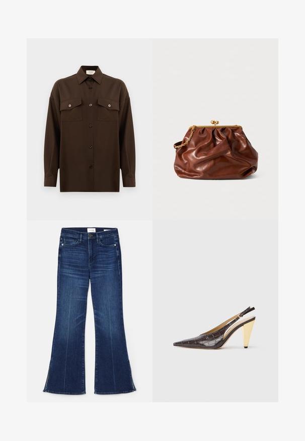 Tmavohnedá košeľa s dlhým rukávom, na gombíky, s dvoma vreckami na hrudi a klasickým golierom, umiestnená na jednoduchom bielom pozadí.; Tmavomodré rozšírené džínsy vyrobené z denimu. Majú vysoký pás, predné vrecká a rozparky na spodnom okraji. Klasický dizajn s piatimi vreckami.; Sandal s pointer špičkou a elastickým pásikom na päte v tmavohnedej lesklej imitácii krokodílej kože. Obsahuje zlatý geometrický podpätok a nastaviteľný pásik na členku.; Hnedá kožená kabelka na klasické zatváranie so zlatým rámom a krátkym zlatým reťazovým držadlom, s jemnou, zhrbenou textúrou na bielom pozadí.