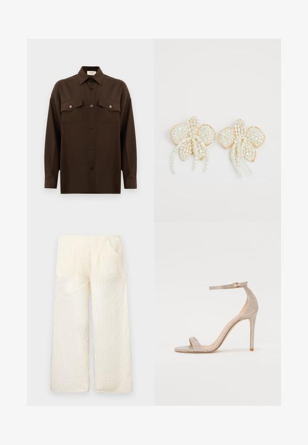 Tmavohnedá košeľa s dlhým rukávom, na gombíky, s dvoma vreckami na hrudi a klasickým golierom, umiestnená na jednoduchom bielom pozadí.; Ľahké, krémové nohavice s širokými nohavicami a textúrovaným mriežkovým vzorom, s dvoma bočnými vreckami, ktoré majú uvoľnený strih a mäkkú tkaninu.; Sandále na vysokom päte s remienkami v metalickej ružovej zlate, s štruktúrovaným zvrškom, otvorenou špicou a remienkom na členku so zlatou sponou.; Perlové náušnice v tvare kvetu so zlatými akcentmi. Každý lupienok zdobia malé, okrúhle perly usporiadané do kvetinového dizajnu, s vlečením perlových detailov.