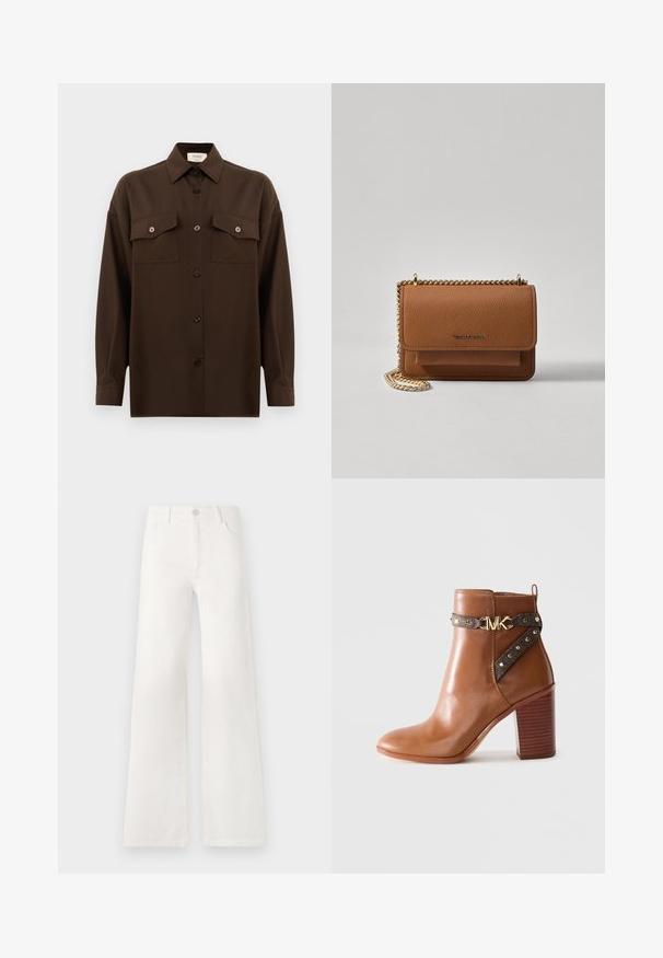 Cămașă lungă, cu mâneci lungi, de culoare maro închis, cu două buzunare frontale cu clapetă și guler clasic, expusă pe un fundal alb simplu.; Jeans albe, cu talie înaltă și croială largă, realizate din denim. Dispun de închidere cu buton, două buzunare frontale și cusături detaliate pe laterale.; Botine din piele maro, cu toc bloc stratificat, curea laterală cu studuri aurii și cataramă cu logo „MK” aurie.; Geantă crossbody din piele texturată maro, cu curea din lanț aurit și închidere cu clapetă. Partea din față prezintă detalii cu logo și o buzunar sub clapetă.