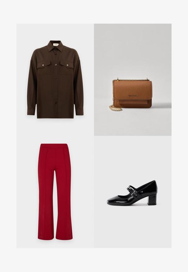 Tumši brūns garām piedurknēm pogājams krekls ar diviem kabatām uz krūtīm un klasisku apkakli, attēlots uz vienkārša baltā fona.; Sarkani, izplūduši bikses, izgatavotas no elastīga auduma, ar gludu tekstūru un redzamām šuvju detaļām gar priekšpusi. Bez kabatām.; Melna lakota ādas Mary Jane kurpe ar diviem sprādzes siksnām un zemu blokveida papēdi uz balta fona.; Brūna teksturēta ādas plecu soma ar zelta ķēdes siksnu un atloka aizdari. Priekšpusē ir logotipa detaļa un kabata zem atloka.