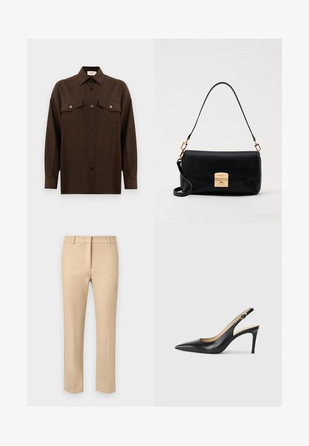 Dark brown long-sleeve button-up shirt with two flap chest pockets and a classic collar, displayed against a plain white background.; Beige tailored trousers with a flat front, belt loops, and a smooth texture. Straight-leg design with minimal stitching details.; Black leather slingback high heels with a pointed toe, adjustable strap, and a sleek stiletto heel, featuring a smooth finish.; Black leather handbag with a flat rectangular shape, gold hardware, and a top handle. Features a clasp closure and signature logo detail.