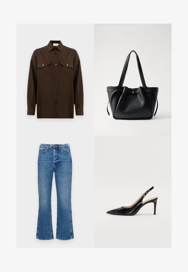 Sötétbarna, hosszú ujjú, gombos ing, két zsebével a mellén és klasszikus gallérral, egyszerű fehér háttér előtt bemutatva.; Kék, bővülő farmernadrág, közepes derékkal, cipzárral, kontrasztos varrással, világos mosással és finom fakulással.; Fekete lakk bőr kötött magassarkú cipő, hegyes orral és karcsú sarokkal, finom kivágásos dizájnnal. Az övön arany csatt található.; Fekete bőrtáska két hosszú pánttal, összehúzott tetejével és arany kör alakú díszítéssel. Sima felület, minimalista design.