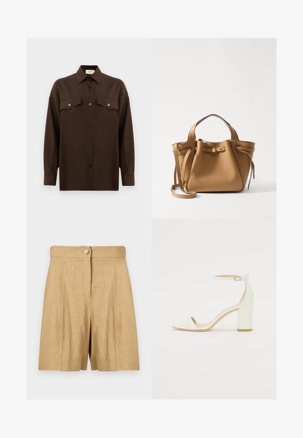 Tmavohnedá košeľa s dlhým rukávom, na gombíky, s dvoma vreckami na hrudi a klasickým golierom, umiestnená na jednoduchom bielom pozadí.; Béžové ľanové šortky so štruktúrovaným pásom, jedným predným gombíkom a dvoma prednými sklady pre elegantný vzhľad.; Biele kožené sandále na blokovom podpätku s remienkom okolo členku a minimalistickým dizajnom. Otvorená špička a hladké textúry po celom povrchu.; Tory Burch ROMY PEBBLED SATCHEL - Kabelka - tiramisu