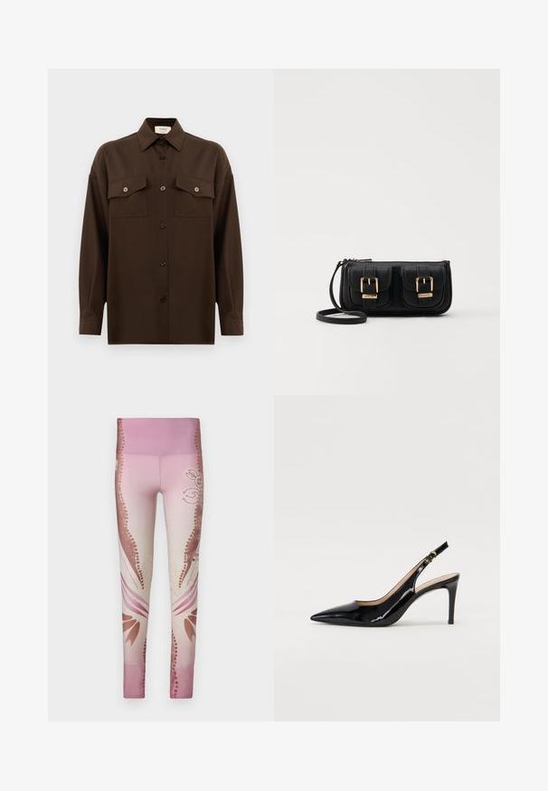 Ciemnobrązowa, długa koszula z guzikami, z dwiema kieszeniami na klatce piersiowej i klasycznym kołnierzykiem, zaprezentowana na jednolitym białym tle.; Różowe legginsy z gradientowym wzorem od jasnego do ciemnego, z kwiatowymi motywami i dekoracyjnymi akcentami po bokach. Gładka faktura.; Czarne lakierowane szpilki typu slingback z szpiczastym noskiem, smukłym obcasem i subtelnym wycięciem. Posiadają złotą klamrę na pasku.; Czarna skórzana torba na ramię z dwoma przednimi kieszeniami, złotymi klamrami, zamkiem błyskawicznym i cienkim paskiem. Teksturowana powierzchnia i kompaktowy prostokątny kształt.