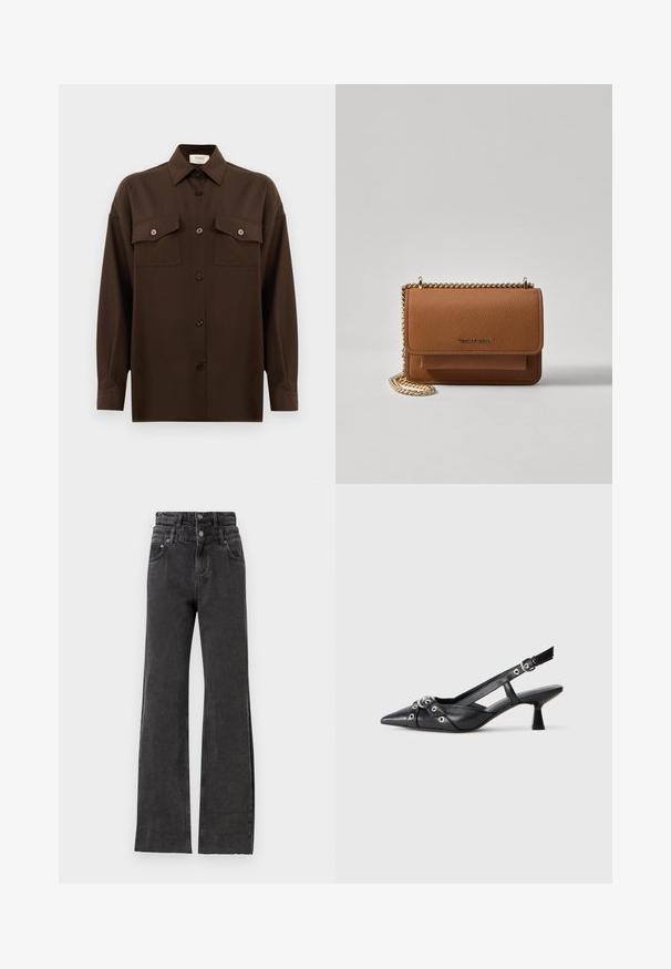 Temno rjav srajca z dolgimi rokavi na gumbe, z dvema žepoma na prsih in klasičnim ovratnikom, prikazana na enotni beli podlagi.; Črne visokotrzne kavbojke imajo naravnost krojen hlačnic, rahlo poškodovano podrobnost in kovinski gumb na pasu.; Črne usnjene sandale središnje zaponke z ostro konico, okrasnimi trakovi z kovinskimi očesi in nizko blokasto peto. Teksturirana površina.; Rjava teksturirana usnjena torba čez ramo z zlatim verižnim trakom in zapiranjem na pokrov. Spredaj je vidna podrobnost logotipa in žep pod pokrovom.