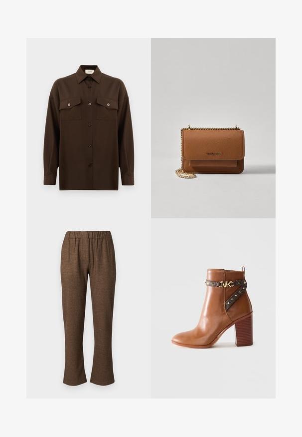 Tumepruun pikkade varrukatega nööbitav särk kahe klapp-taskuga rinnal ja klassikalise kraega, esitlemiseks lihtsa valge tausta ees.; WEEKEND MaxMara CORDOBA - Püksid - nocciola; Pruun nahkne pahkluu saabas, millel on kõrge plokk konts, külgrihm kullast nänni ja kuldne "MK" logo pandla.; Pruun tekstureeritud nahk ristkeha kott kuldse ahelaga rihmaga ja klapiga sulgemine. Esiküljel on logo detail ja tasku klapi all.