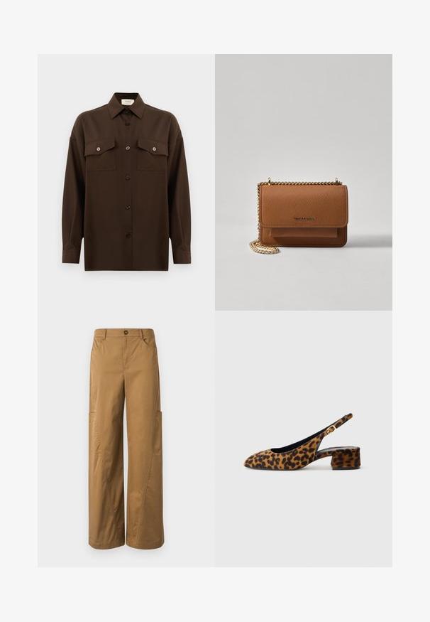 Cămașă lungă, cu mâneci lungi, de culoare maro închis, cu două buzunare frontale cu clapetă și guler clasic, expusă pe un fundal alb simplu.; Pantaloni largi maro din bumbac, cu închidere cu nasture, buzunare laterale și detalii de cusătură vizibile.; Pantofii slingback pentru femei, cu imprimeu leopard, toc jos și cataramă aurie pe curea laterală, prezentați în profil lateral pe un fundal simplu.; Geantă crossbody din piele texturată maro, cu curea din lanț aurit și închidere cu clapetă. Partea din față prezintă detalii cu logo și o buzunar sub clapetă.
