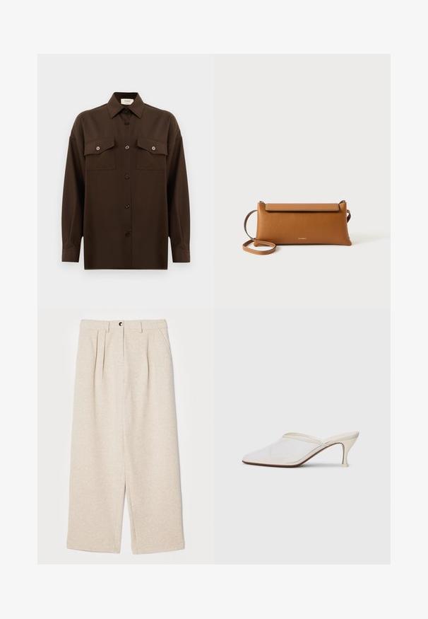 Tumši brūns garām piedurknēm pogājams krekls ar diviem kabatām uz krūtīm un klasisku apkakli, attēlots uz vienkārša baltā fona.; Proenza Schouler White Label TRISTAN PANT IN CLOQUE - Auduma bikses - oatmeal melange; Baltas austs punka purngals mūlis ar šauru vidēji augstu papēdi un uzvelkamu dizainu uz vienkārša fona.; Brūna ādas rokassoma, taisnstūra forma, teksturēta virsma, noņemams siksniņas, rāvējslēdzēja aizdare, diskrēta logo iespiesta priekšpusē.