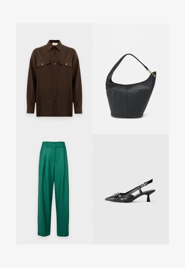 Dark brown long-sleeve button-up shirt with two flap chest pockets and a classic collar, displayed against a plain white background.; Green tailored trousers with a high waist, wide legs, single button closure, and smooth texture, featuring front pleats and no pockets.; Black leather slingback shoe with a pointed toe, decorative straps featuring metal eyelets, and a low block heel. Textured surface.; Black leather handbag with a rounded shape, a wide strap, and a textured finish. Features a subtle seam detail and a gold-tone hardware accent.