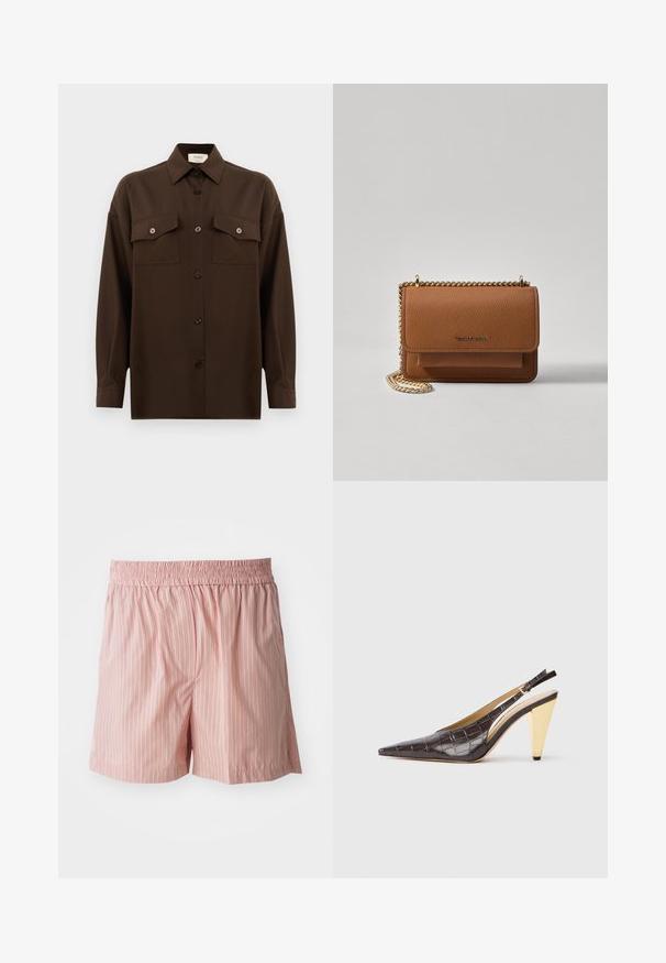 Dark brown long-sleeve button-up shirt with two flap chest pockets and a classic collar, displayed against a plain white background.; Light pink shorts with vertical stripes in red and white. Elastic waistband; relaxed fit; smooth texture with minimal detailing.; Pointed-toe slingback heel in dark brown glossy faux crocodile leather. Features a gold-tone geometric heel and adjustable ankle strap.; Brown textured leather crossbody bag with gold chain strap and flap closure. Front features logo detail and a pocket under the flap.