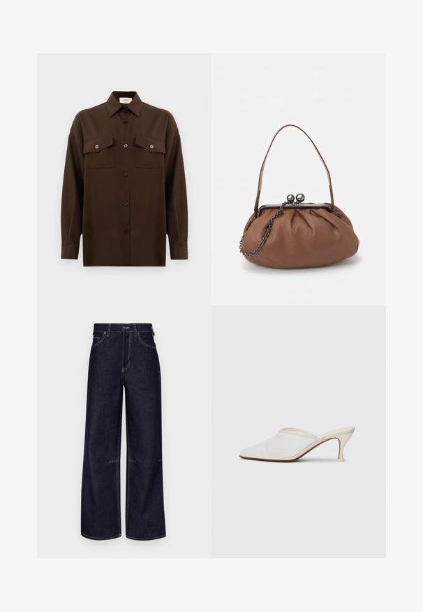 Tumši brūns garām piedurknēm pogājams krekls ar diviem kabatām uz krūtīm un klasisku apkakli, attēlots uz vienkārša baltā fona.; Tumši zili džinsi ar platām kājām un kontrastējošām gaišām šuvēm, ar pogu un rāvējslēdzēju, kā arī priekšējām kabatām. Vienkāršs dizains bez rotājumiem.; Baltas austs punka purngals mūlis ar šauru vidēji augstu papēdi un uzvelkamu dizainu uz vienkārša fona.; Brūns ādas rokassomu ar salocītu dizainu, īsu ādas rokturi un ķēdes siksnu. Tam ir sudraba metāla sprādze ar diviem apaļiem akcentiem.